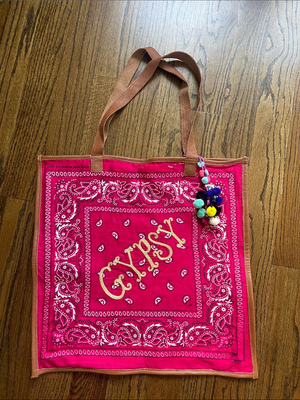 Boho Red  Bandana Tote Bag with embroidered Gypsy & Pom-Pom Charm